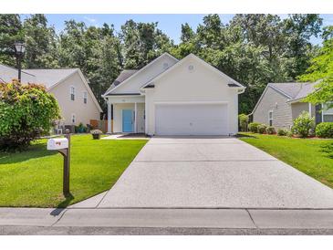 Charming single-Gathering home featuring a bright blue door, two-car garage, and well-maintained lawn at 252 Island Green Rd, Goose Creek, SC 29445