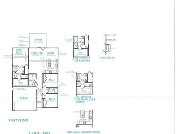 Detailed first floor plan showing kitchen, Gathering room, bedrooms, garage, and patio at 325 Hillman Trail Dr, Moncks Corner, SC 29461