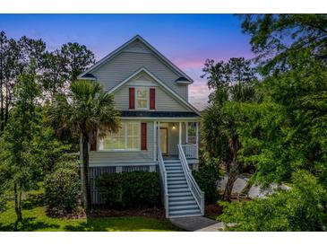 Charming home featuring a welcoming front porch and neatly landscaped yard with mature trees and colorful red window shutters at 2301 N Creek Dr, Mount Pleasant, SC 29466