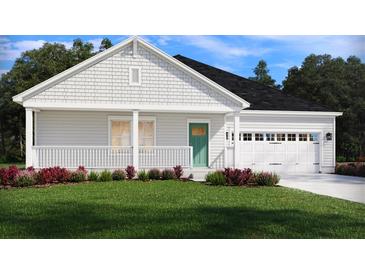 Charming single-story home featuring a welcoming front porch and attached two-car garage at 424 Radiant Blue Way, Summerville, SC 29486