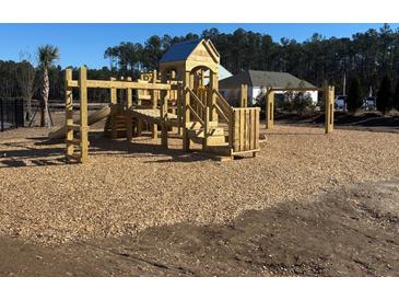 Community playground featuring wooden play structure with slides, climbing areas, and wood chip ground cover at 2140 Macallan Blvd, Ravenel, SC 29470