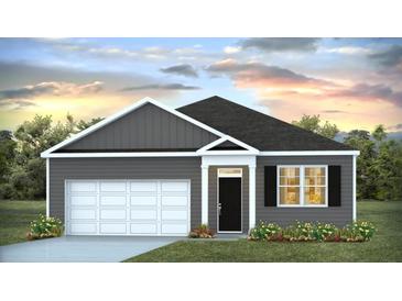 Charming single-story home with gray siding, white trim, manicured lawn and an attached two-car garage at 6007 Savy Ct, Ravenel, SC 29470