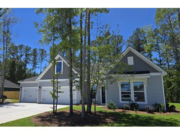 Charming single-story home with gray siding, a three-car garage, and a well-manicured front yard at 243 Darby Meadow Ln, Ridgeville, SC 29472