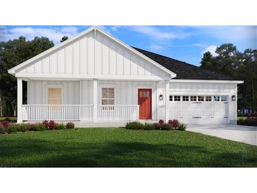 Charming one-story home featuring a welcoming front porch, white siding, a red door, and an attached two-car garage at 420 Radiant Blue Way, Summerville, SC 29486