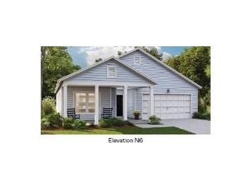 Charming one-story home with light blue siding, a covered porch, and an attached garage at 108 Orchard Blossom Ln, Summerville, SC 29485