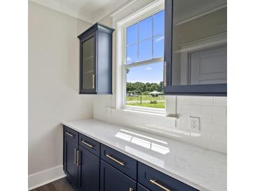 Bright kitchen features custom navy cabinetry with brass hardware, quartz countertops, and a view of the outdoors at 2032 Sea Water Dr, Charleston, SC 29412