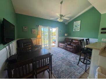 Relaxing living room featuring green walls, ceiling fan, and leather furniture on a vibrant patterned rug at 287 Driftwood Ln, Edisto Beach, SC 29438