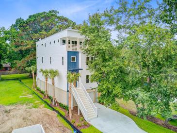 Stunning exterior view of a modern, multi-story home with a stairway, lush landscaping and a blue accent panel at 501 Joseph St, Charleston, SC 29412
