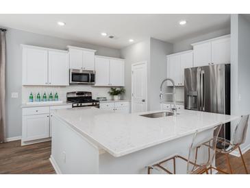 Bright kitchen featuring white cabinets, stainless steel appliances, and a large quartz island at 111 Orchard Blossom Ct, Summerville, SC 29485