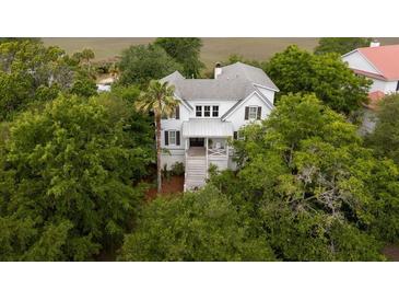 Charming home with a white exterior and a palm tree in the front yard at 31 Seagrass Ln, Isle of Palms, SC 29451