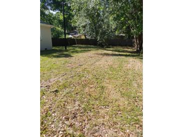 View of a spacious backyard with green grass and mature trees, surrounded by a wood fence at 1612 Evergreen St, Charleston, SC 29407