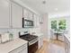 Modern kitchen with gray cabinets, stainless steel appliances and white backsplash at 418 Queenview Ln, Charleston, SC 29414