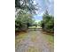 Gated driveway entrance with a pea gravel drive lined with mature trees and lush greenery at 8272 Palmetto Rd, Edisto Island, SC 29438