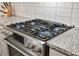 Close up of a gas range with blue flames at 360 Bering Ln, Summerville, SC 29486