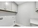 Bright laundry area with white cabinets, solid surface counters and modern vinyl flooring at 107 Grange Cir, Summerville, SC 29486