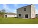 The backyard features a new home with a sliding glass door, landscaping, and a lush lawn at 6261 Gritman Dr, Hollywood, SC 29470