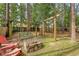 Backyard featuring a wooden swing set, a stack of firewood, a brick fire pit, and red chairs at 119 Osage Way, Summerville, SC 29483