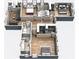 3D floor plan shows bedrooms, bathrooms, kitchen, and living areas layout at 5874 Hwy 165, Ravenel, SC 29470
