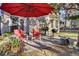 Patio with red umbrella, chairs, and grill at 1401 Churchill Rd, Moncks Corner, SC 29461