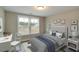 Bedroom with gray and blue striped bedding, and a white desk at 8625 Connor Ct, North Charleston, SC 29406