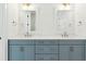 Bright bathroom features a double vanity with white countertop, blue cabinets, and two large mirrors at 9005 Stern Aly, Johns Island, SC 29455