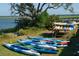 Row of colorful kayaks resting on the lawn, with a dock overlooking the water at 9009 Stern Aly, Johns Island, SC 29455