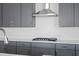 Close-up of a modern kitchen showcasing a stainless steel range hood and herringbone tile backsplash at 351 Wappoo Trace Ln, Summerville, SC 29486