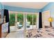 Main bedroom with blue walls, wood bed frame, and access to a private patio at 420 E Erie Ave, Folly Beach, SC 29439