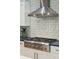 Stainless steel gas range and modern vent hood with designer backsplash at 420 E Erie Ave, Folly Beach, SC 29439