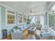 Relaxing screened porch with comfortable seating and a fire pit at 1504 Rivertowne Country Club Dr, Mount Pleasant, SC 29466