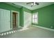 Bedroom with green walls, carpet, and white doors at 490 Cummings Chapel Rd, Ridgeville, SC 29472