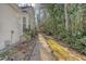 Home's backyard features a gravel path, lush greenery, and a partially fenced area at 9117 Woodcreek Ct, North Charleston, SC 29406