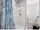 Clean bathroom with a walk-in shower and patterned shower curtain at 326 Turner Ln, Round O, SC 29474