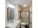 Updated bathroom with subway tile, quartz vanity, and a frameless shower at 200 Elliott Dr, Ladson, SC 29456