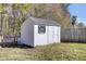 White storage shed with black shutters in backyard at 230 Eagle Ridge Rd, Summerville, SC 29485