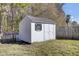 White storage shed with black shutters in grassy backyard at 230 Eagle Ridge Rd, Summerville, SC 29485