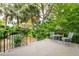 Landscaped backyard with lush greenery, brick patio, and seating area at 14 1/2 Murray Blvd, Charleston, SC 29401