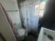 Bathroom featuring tiled shower with curtain, toilet, sink, and hardwood flooring at 141 Nottingham Ln, Yemassee, SC 29945