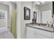 Small bathroom with granite vanity and shower at 203 Oak View Way, Summerville, SC 29483