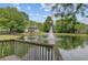 Scenic view of a community pond with a fountain from a wooden deck, surrounded by lush greenery and blue skies at 400 Bay Crossing Rd, Mount Pleasant, SC 29464