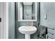 Small powder room with pedestal sink and dark-colored walls at 3765 Sawmill Ct, Mount Pleasant, SC 29429