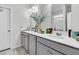 Double vanity bathroom with gray cabinets and a large mirror at 3765 Sawmill Ct, Mount Pleasant, SC 29429
