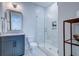 Clean bathroom with a walk-in shower and gray vanity at 1525 Kepley Dr, Mount Pleasant, SC 29464