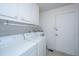 Laundry room with washer, dryer, and cabinets at 411 Constance St, Walterboro, SC 29488
