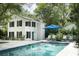 White house with black shutters, pool, lounge chairs, and blue umbrella at 124 Mary St, Mount Pleasant, SC 29464