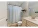 Clean bathroom with a shower/tub combo, vanity, and tile flooring at 1504 Oldenburg Dr, Mount Pleasant, SC 29466