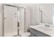 Clean bathroom with shower and gray vanity at 558 Richfield Way, Summerville, SC 29486