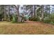 Leaf-covered backyard with mature trees, foliage, and a small storage shed at 206 Dukes St, Saint George, SC 29477