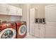 Laundry room with red washer and dryer, white cabinets, and a countertop oven at 2725 Battery Pringle Dr, Johns Island, SC 29455