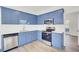 Updated kitchen with blue cabinets, stainless steel appliances, and white countertops at 7897 Sabalridge Dr, North Charleston, SC 29418